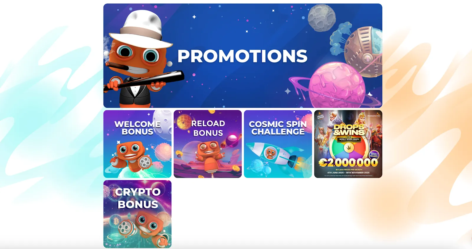 Image showing the bonus page on Happy Hugo Casino, highlighting the visual elements. 