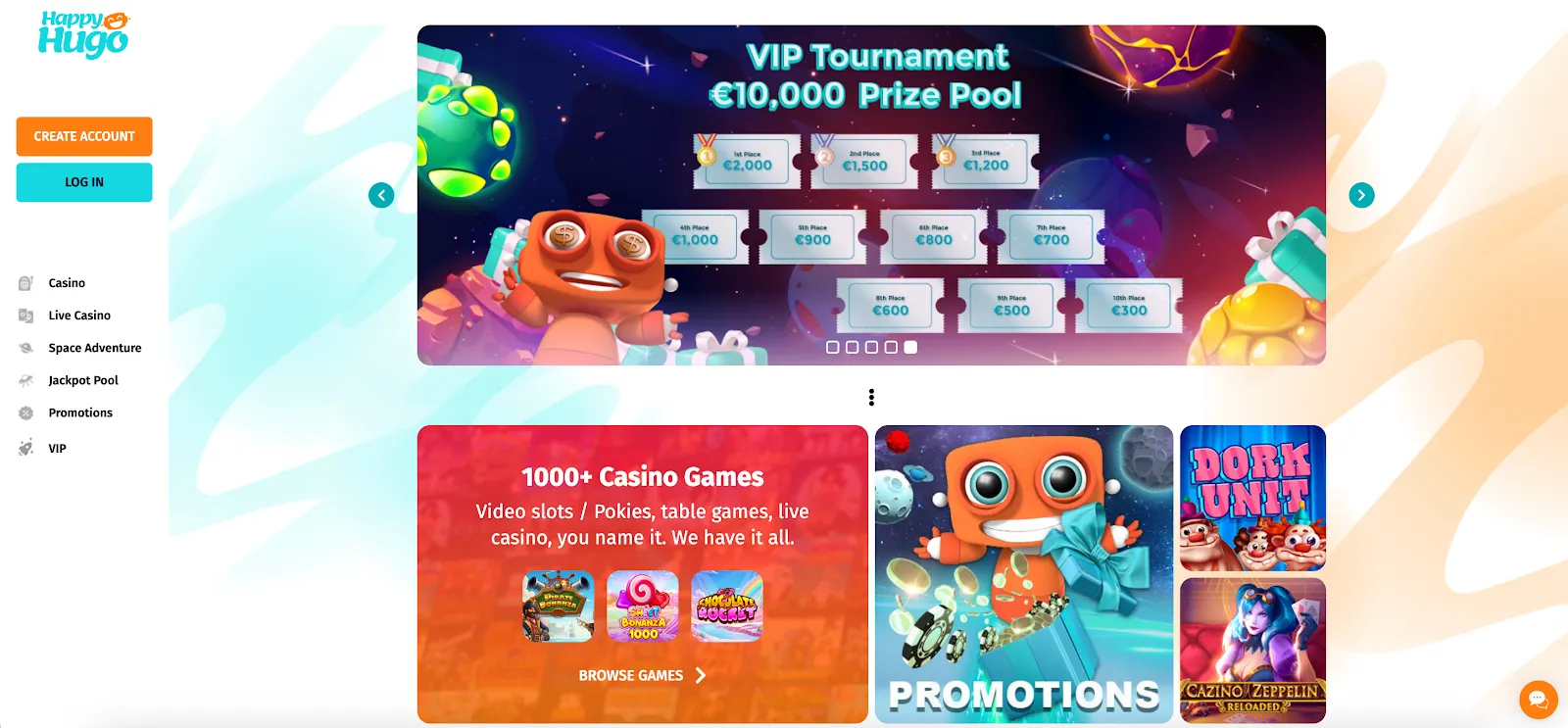 Happy Hugo Casino’s website design showcasing tournaments and promotions that the casino offers.