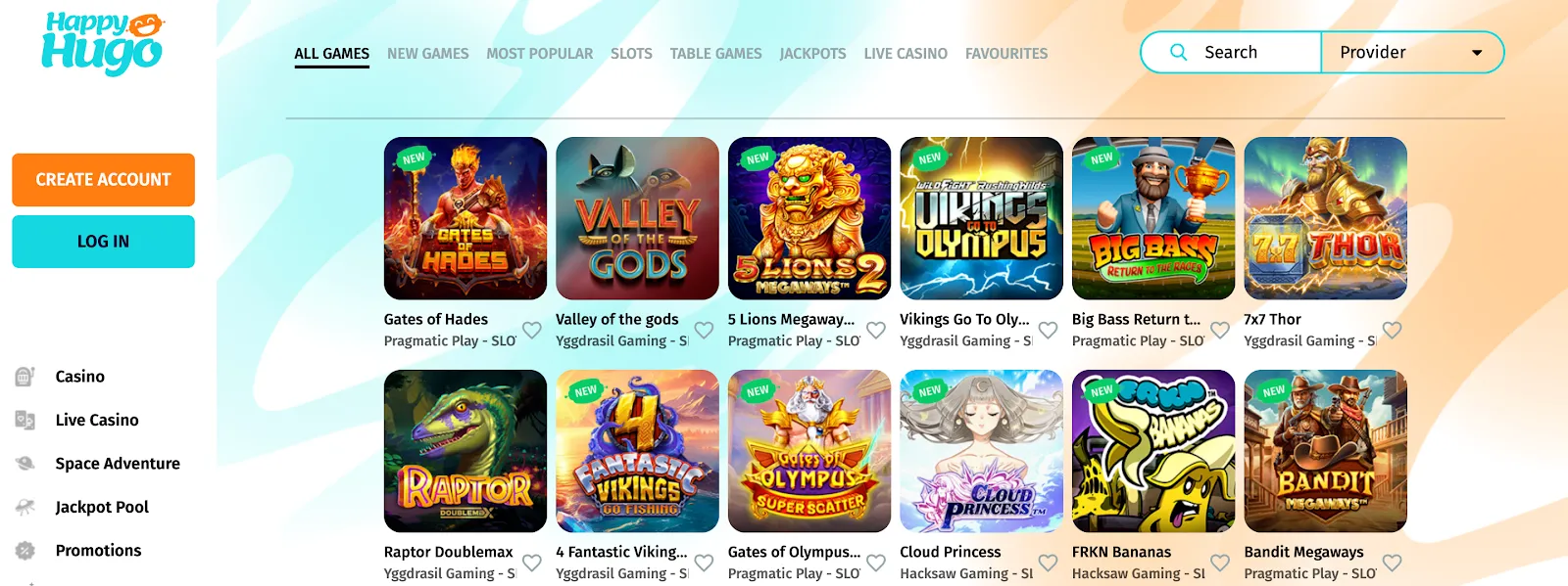 The game section page available on Happy Hugo Casino. 