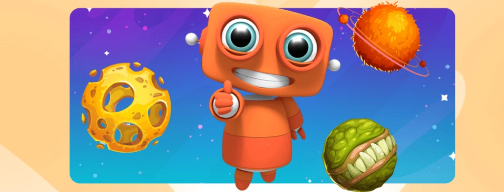Happy Hugo mascot holding a thumbs up in a space-themed background with planets and a moon.