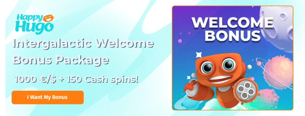 Happy Hugo mascot in space with a 'Welcome Bonus' sign and a background of stars and planets.