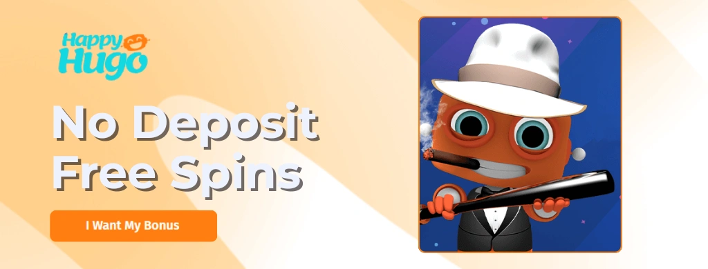 Happy Hugo mascot dressed as a gangster with a cigar and baseball bat in a space-themed background.
