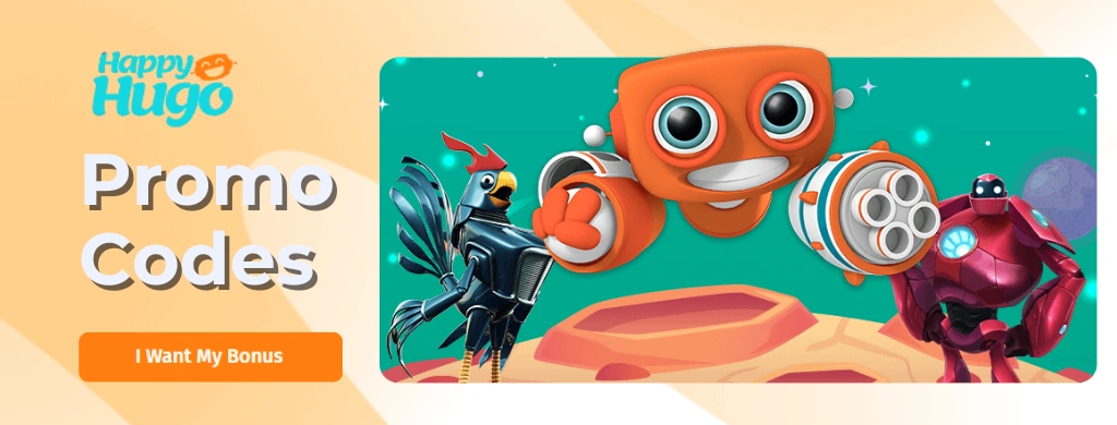 Happy Hugo promo code banner with robot characters and a call-to-action button.