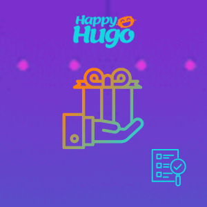 A hand holds a gift box with a clipboard on the side, under the Happy Hugo logo.