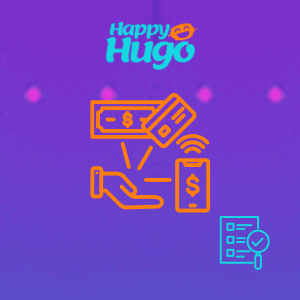 A hand, a smartphone, a credit card, and a dollar bill under the Happy Hugo logo.