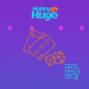 Two playing cards, two dice, and a clipboard with a checkmark, under the Happy Hugo logo.
